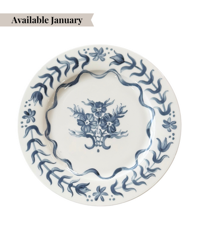 charger plate with blue floral design pattern