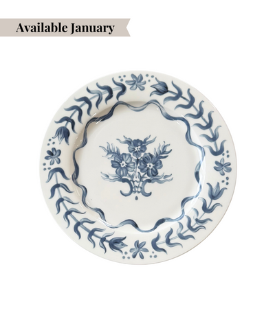 dinner plate with blue floral design pattern