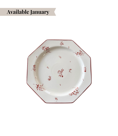 decorative maroon bread plate with unique shape and floral pattern