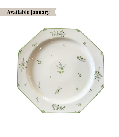 decorative green dinner plate with unique shape and floral pattern