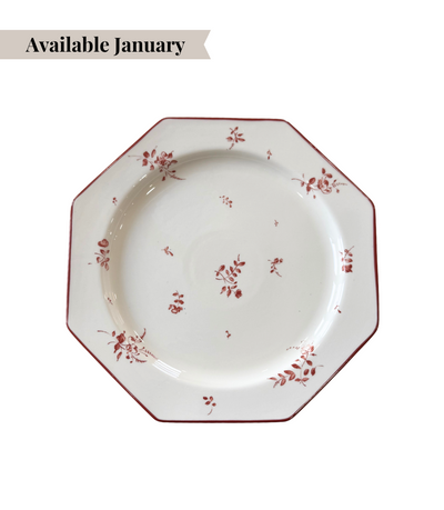 decorative maroon dinner plate with unique shape and floral pattern