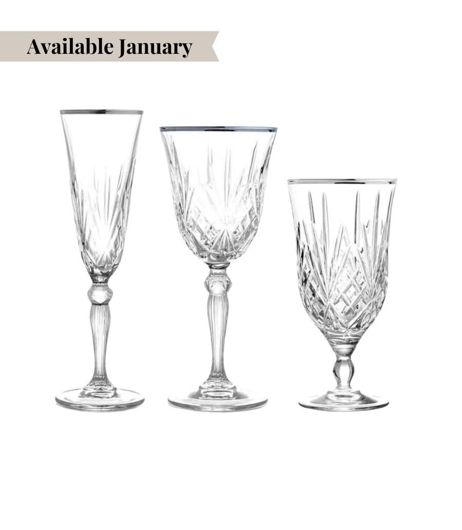 crystal cut glassware with silver rim