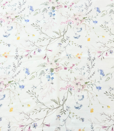 floral linen tablecloth with blue, pink and yellow accents