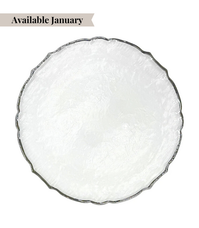 glass charger plate with shiny silver scalloped edge 
