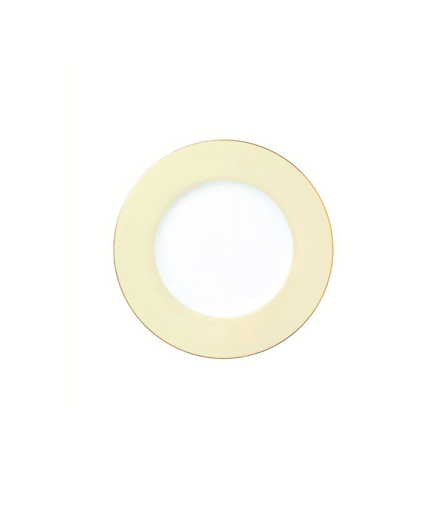 bread plate with light yellow rim and thin gold trim
