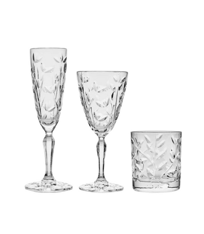 clear glassware with leaf detailing 