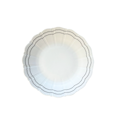 floral shaped textured bread plate with black, double scallop line pattern