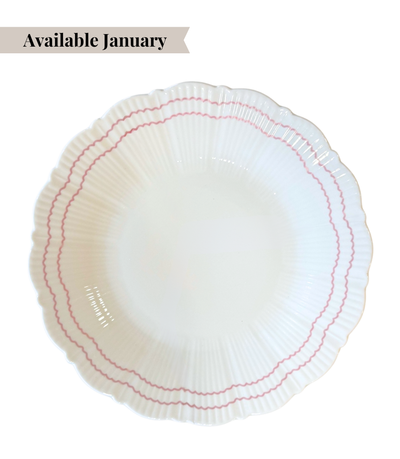 floral shaped textured charger plate with pink, double scallop line pattern