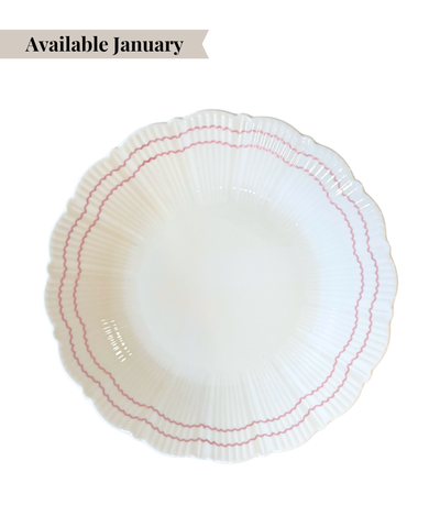 floral shaped textured dinner plate with pink, double scallop line pattern