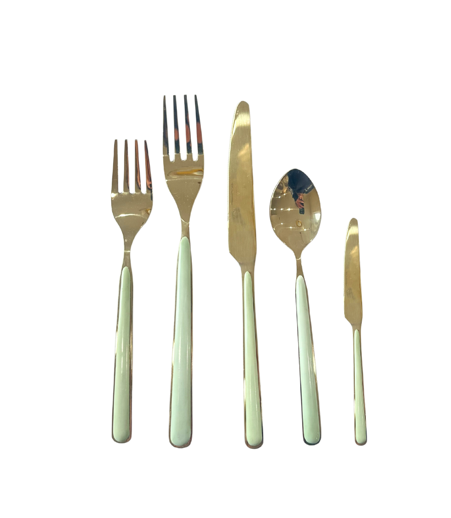 gold cutlery with sage handle