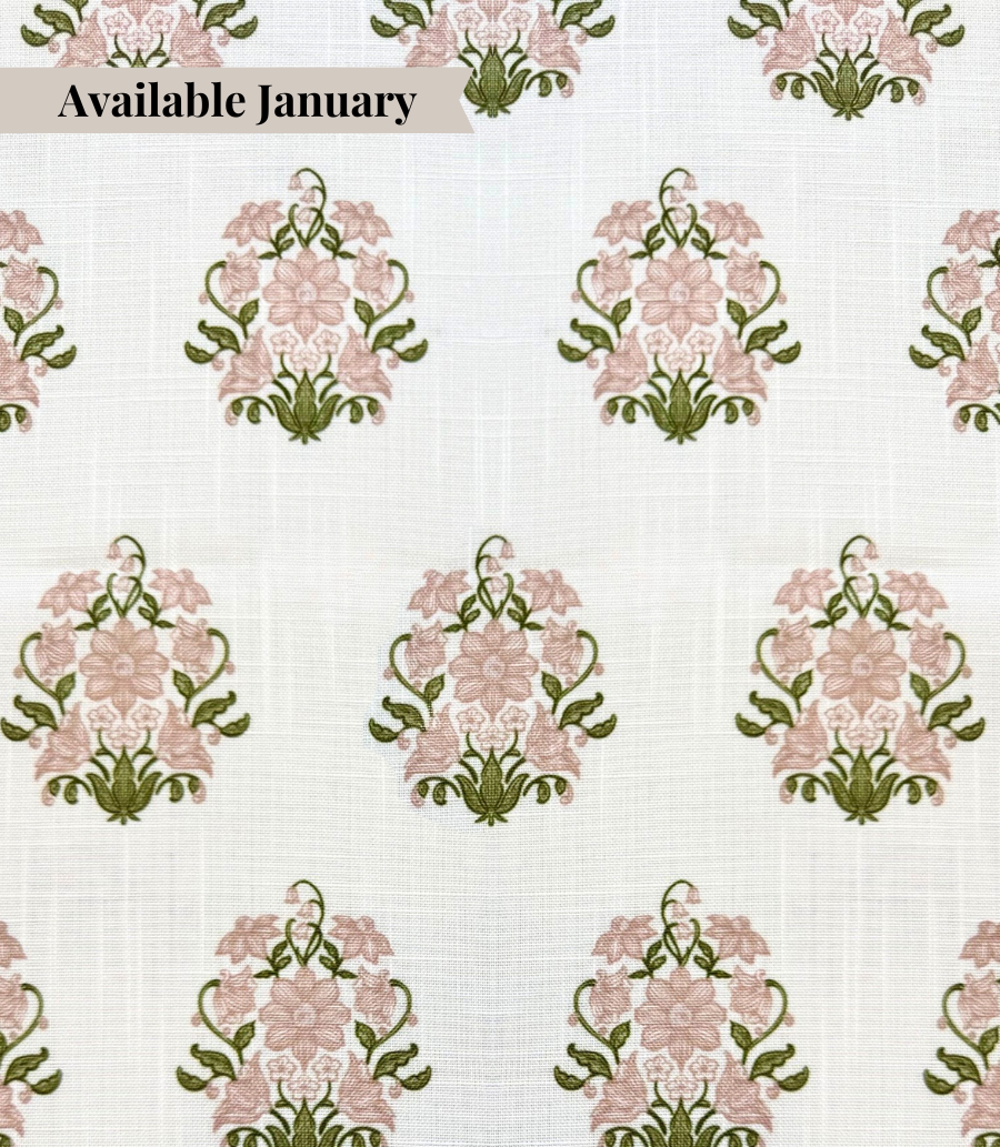 white linen with pink and green floral pattern