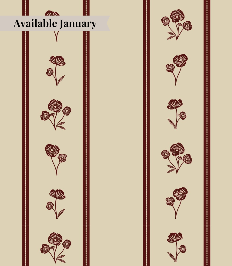beige linen with maroon floral pattern and stripes