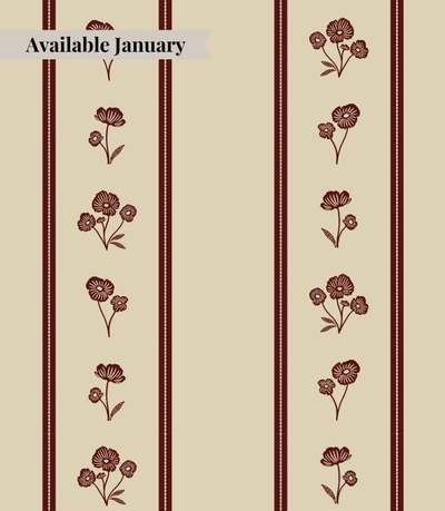 beige linen with maroon floral pattern and stripes