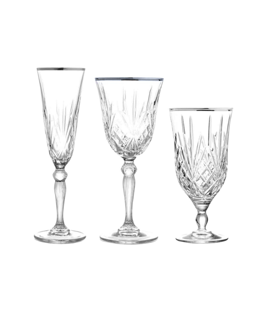 crystal cut glassware with silver rim