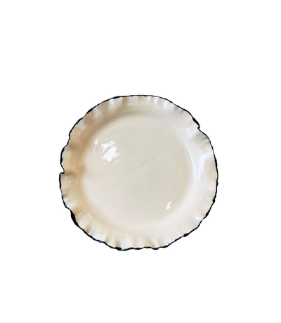 cream ceramic bread plate with black trim ruffled edge 