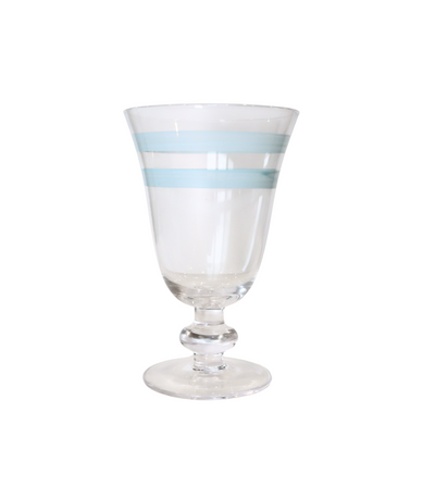 tapered water glass with blue painted line detailing 