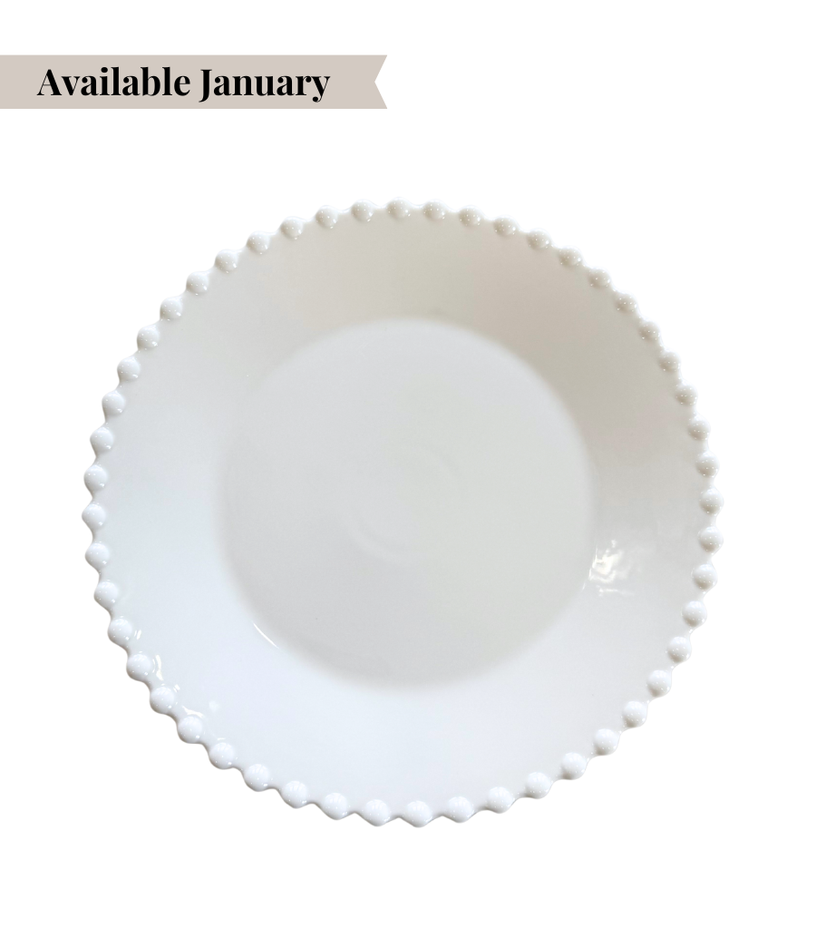 white charger plate with pearl edged pattern