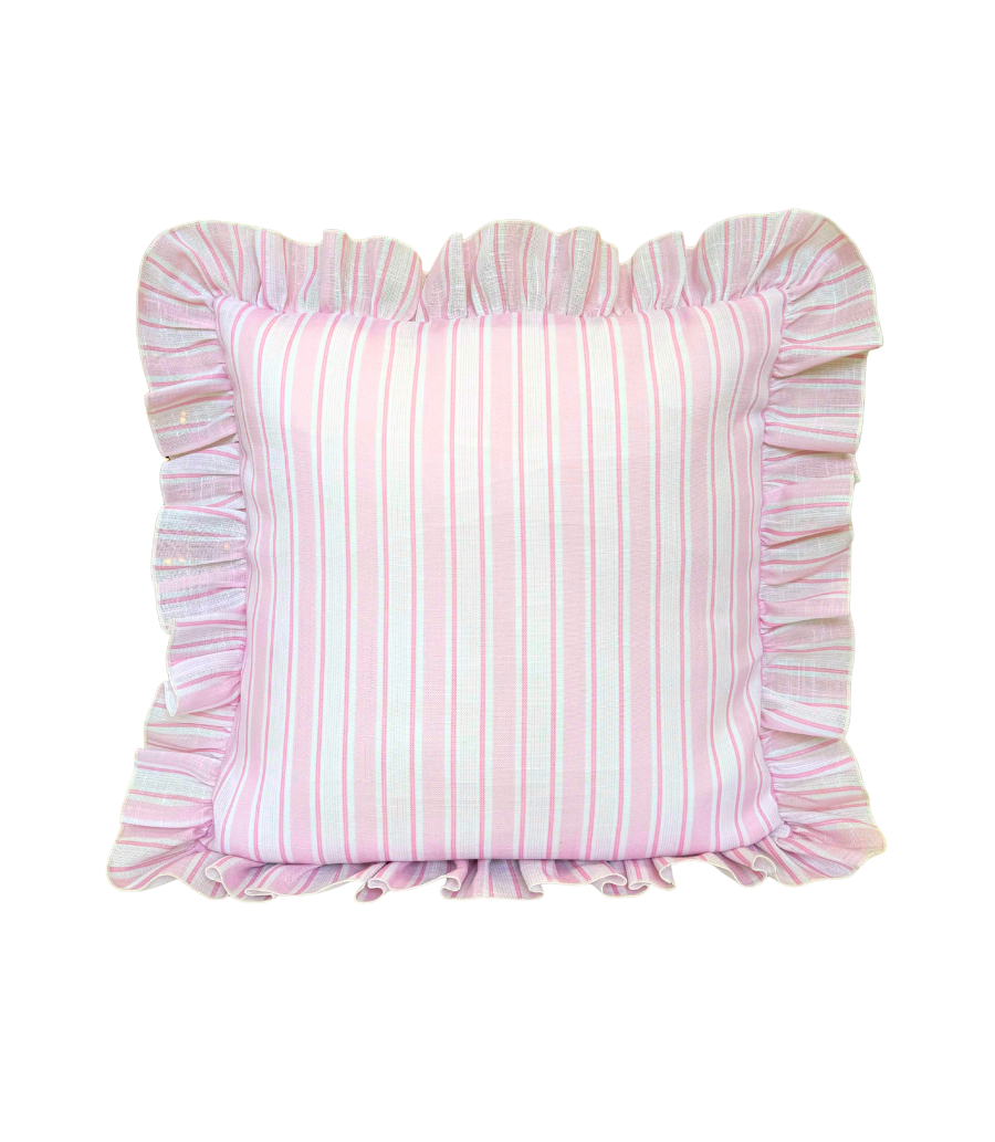 pillow with pink stripe pattern and ruffle border