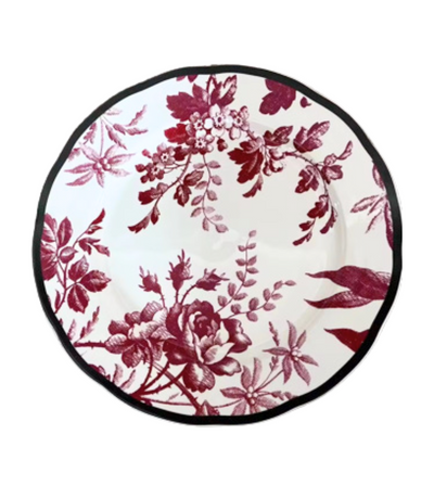 Ceramic charger plate with red floral print and black rim