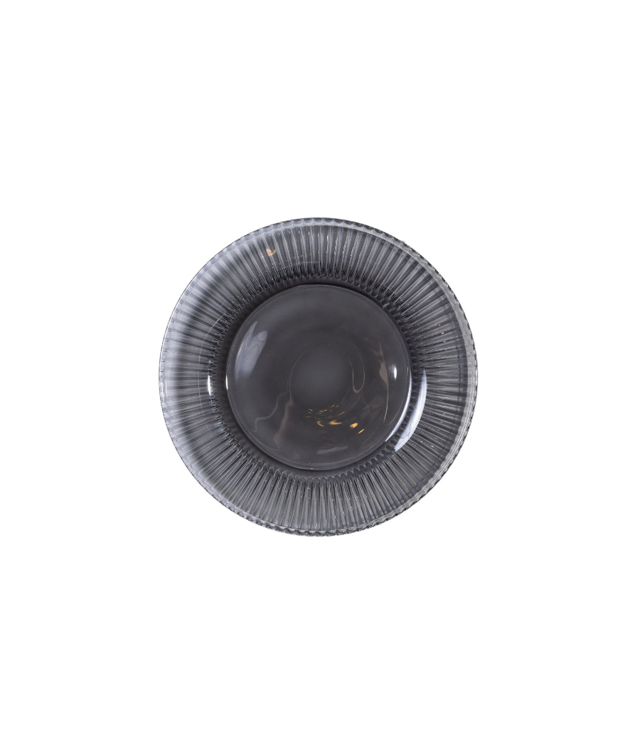 smokey glass bread plate with ribbed rim