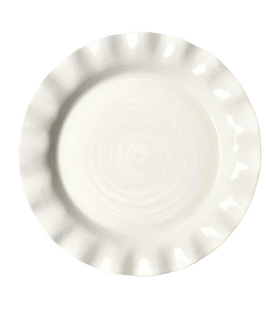 cream charger plate with hand painted brush strokes and ruffle edged 