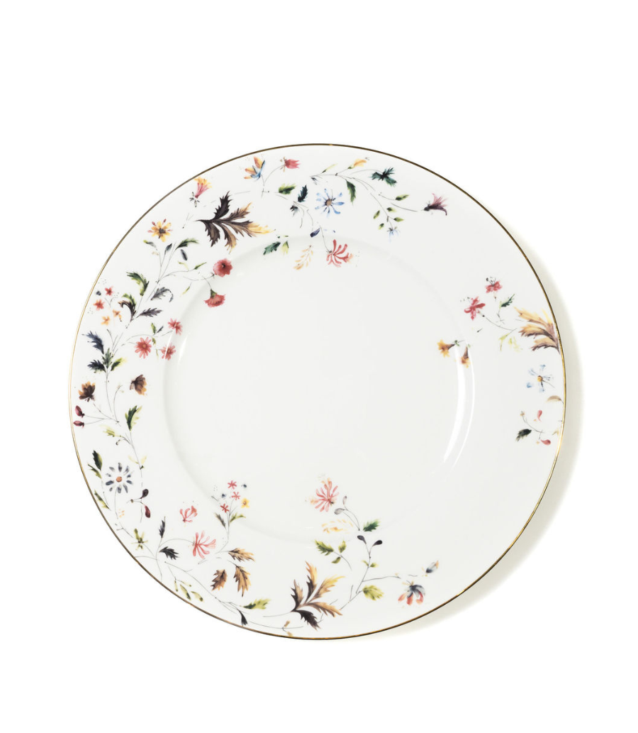 white charger plate with floral pattern in a versatile colour palette