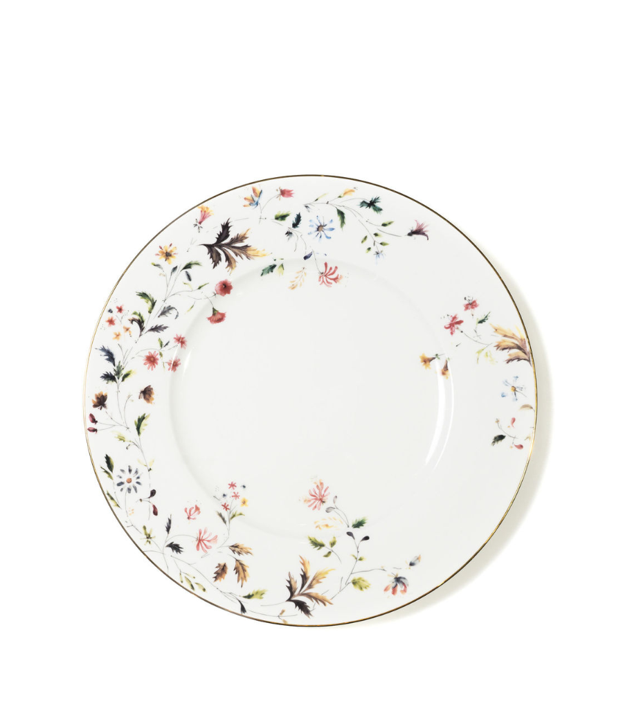 white dinner plate with floral pattern in a versatile colour palette