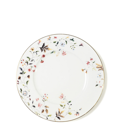 white dinner plate with floral pattern in a versatile colour palette