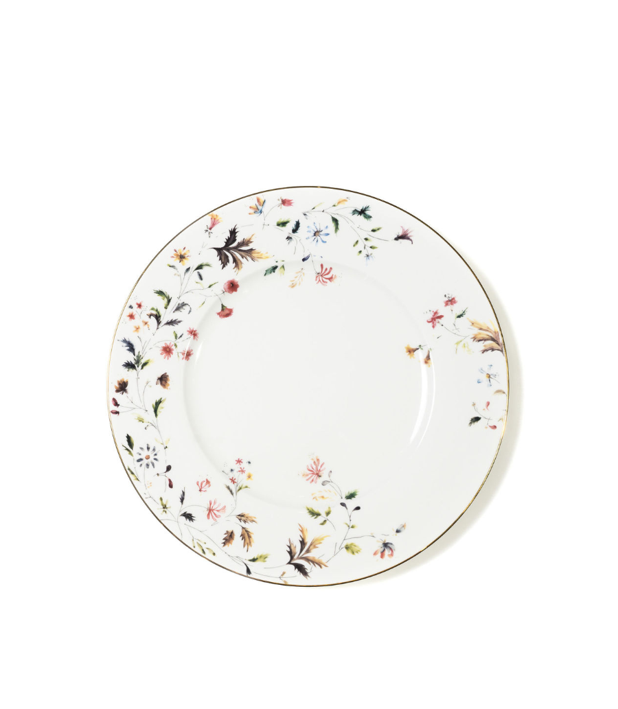 white salad plate with floral pattern in a versatile colour palette