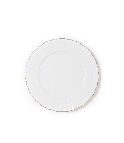 White porcelain bread plate with a scalloped edge and a thin gold rim