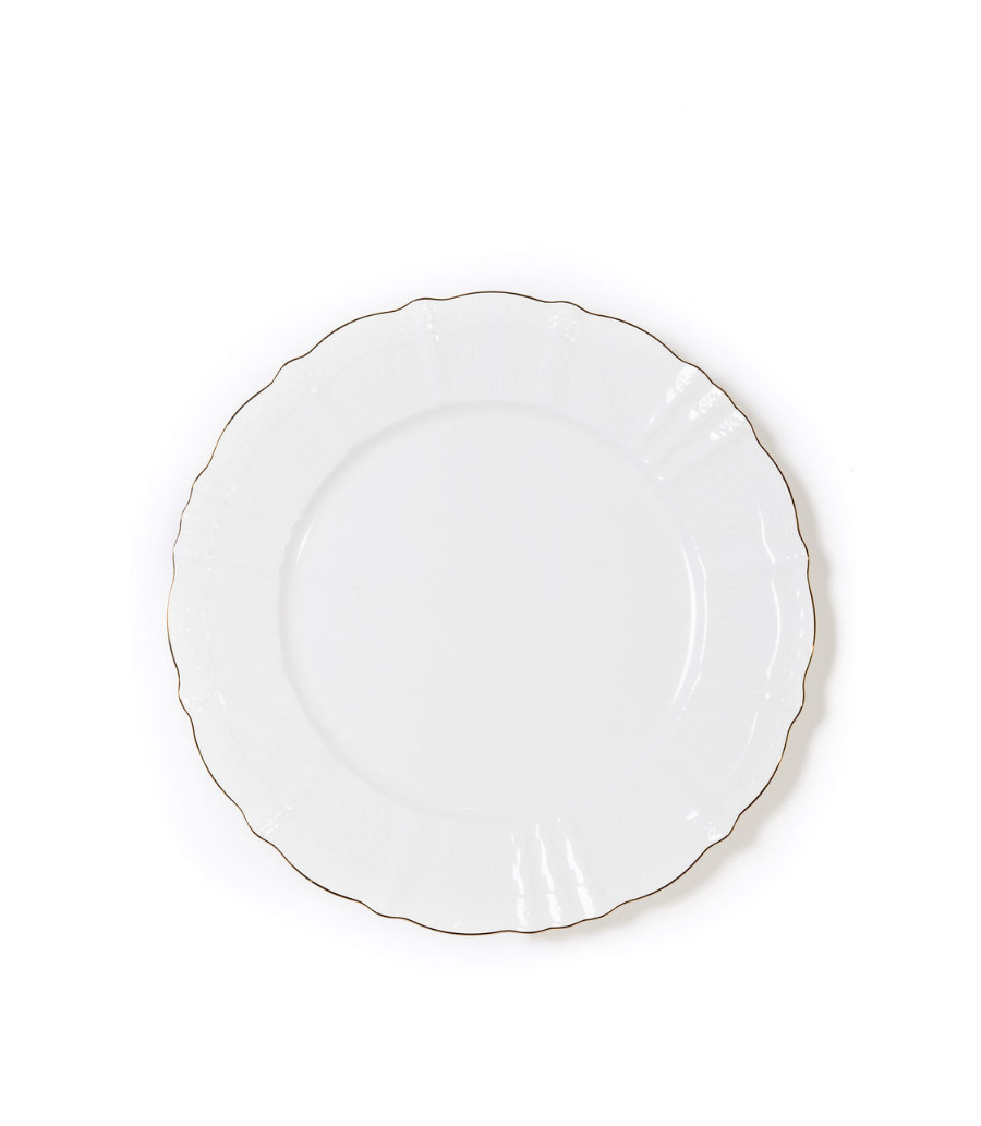 White porcelain salad plate with a scalloped edge and a thin gold rim