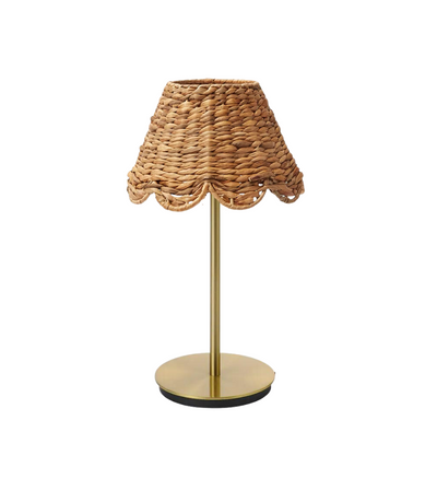 rattan table lamp with scalloped edges and gold base