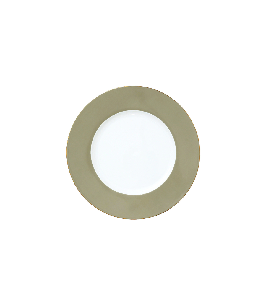 bread plate with olive green rim and thin gold trim