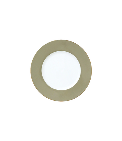 bread plate with olive green rim and thin gold trim