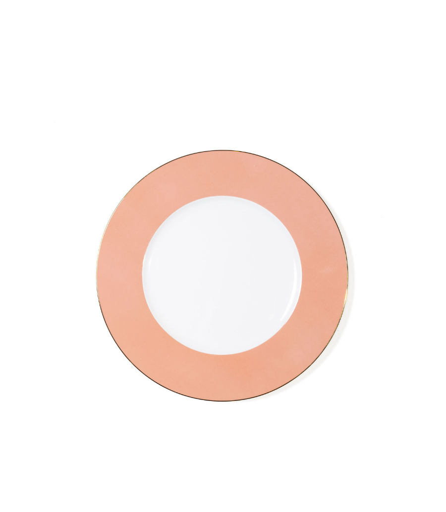bread plate with peach rim and thin gold trim