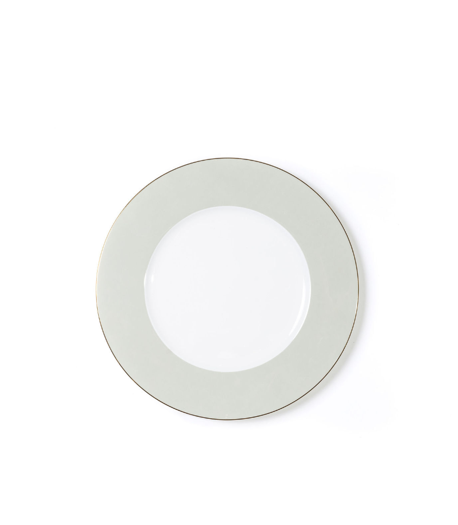 bread plate with sage rim and thin gold trim