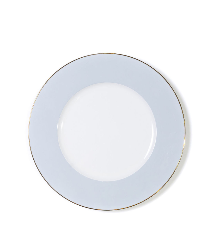 charger plate with blue rim and thin gold trim
