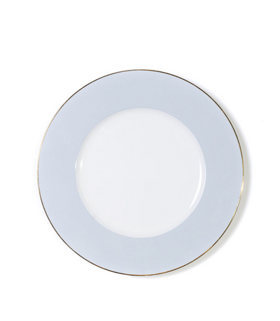 charger plate with blue rim and thin gold trim