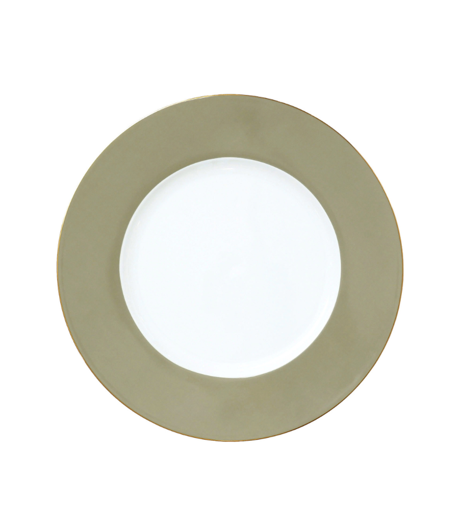 charger plate with olive green rim and thing gold trim