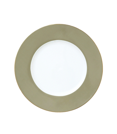 charger plate with olive green rim and thing gold trim
