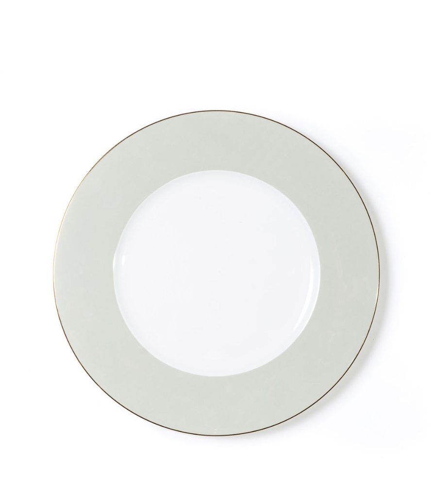 charger plate with sage rim and thin gold trim