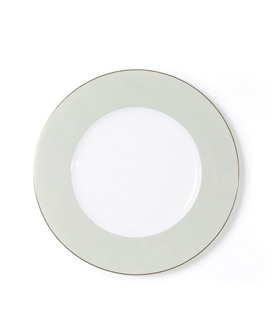 charger plate with sage rim and thin gold trim
