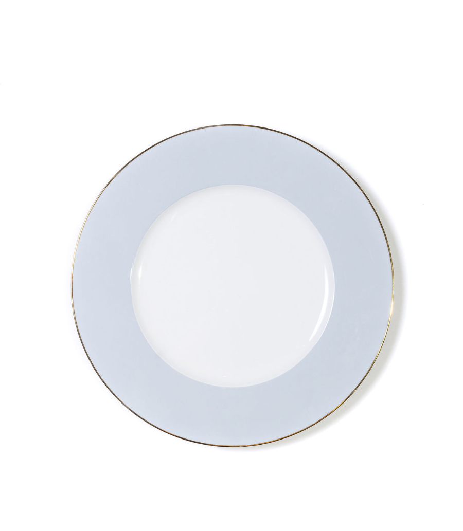 dinner plate with blue rim and thin gold trim