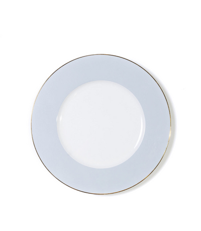 dinner plate with blue rim and thin gold trim
