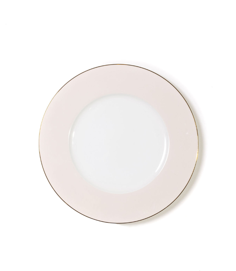 dinner plate with blush pink rim and thin gold trim