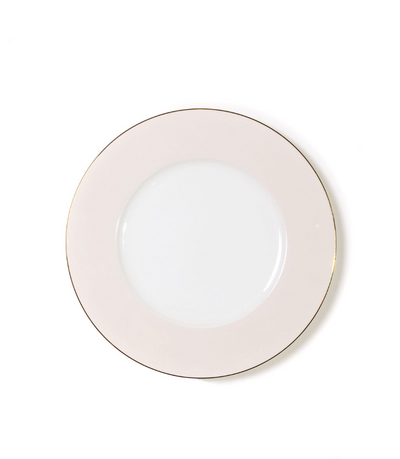 dinner plate with blush pink rim and thin gold trim
