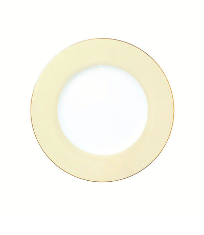 dinner plate with light yellow rim and thin gold trim