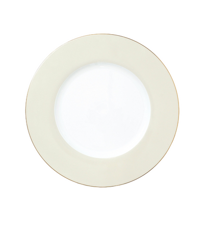 dinner plate with cream rim and thin gold trim