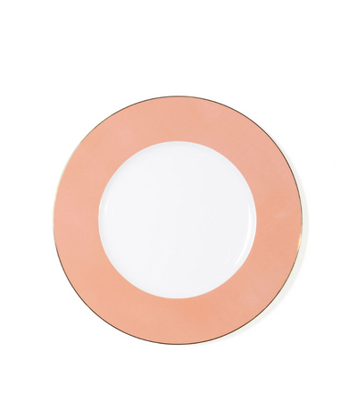 dinner plate with peach rim and thin gold trim