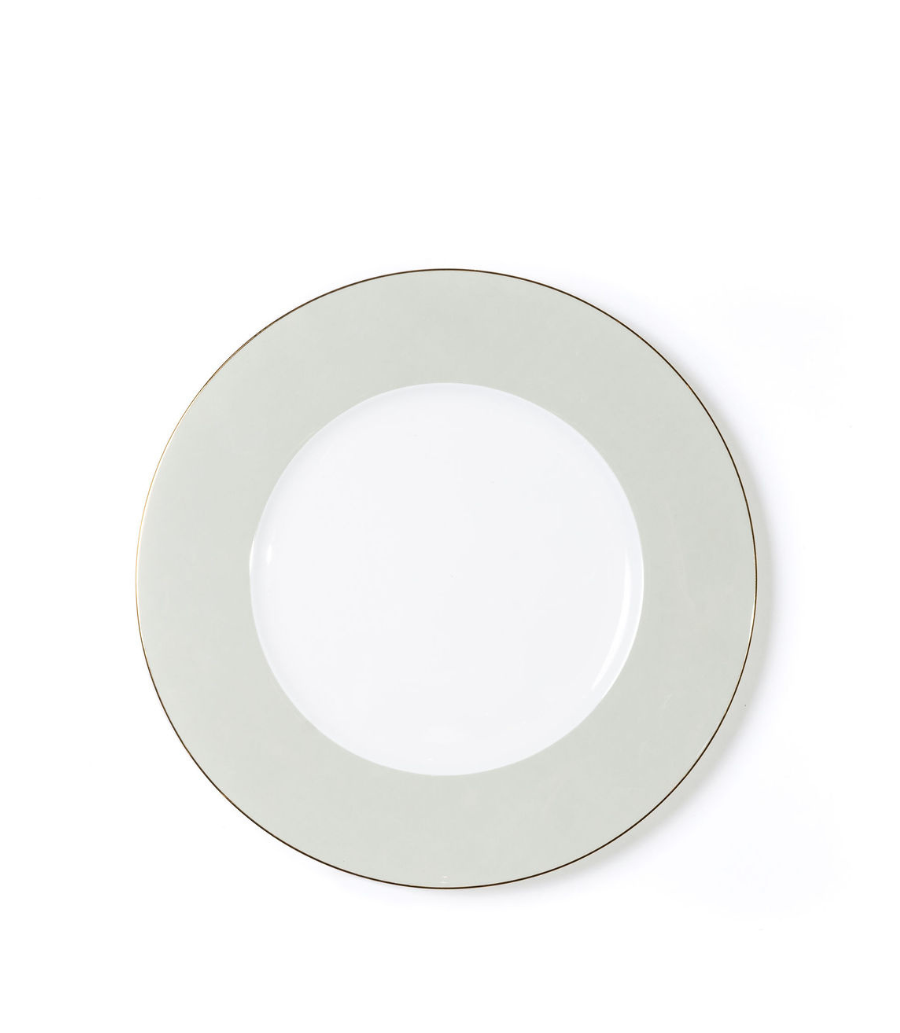 dinner plate with sage rim and thin gold trim
